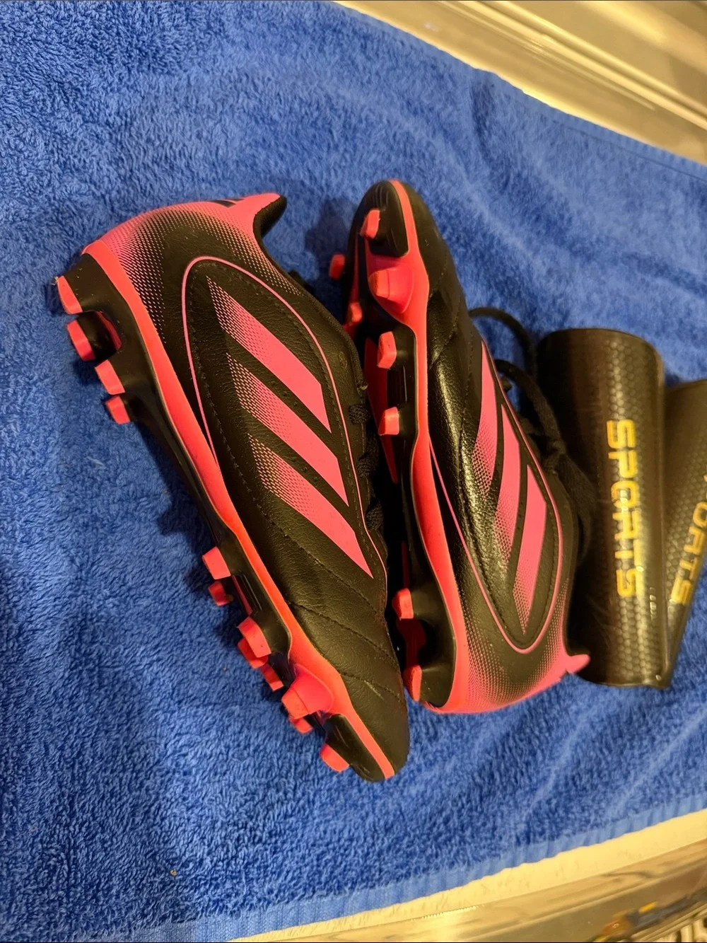 adidas Kids Black and Pink Soccer Sneakers with Shin Guards